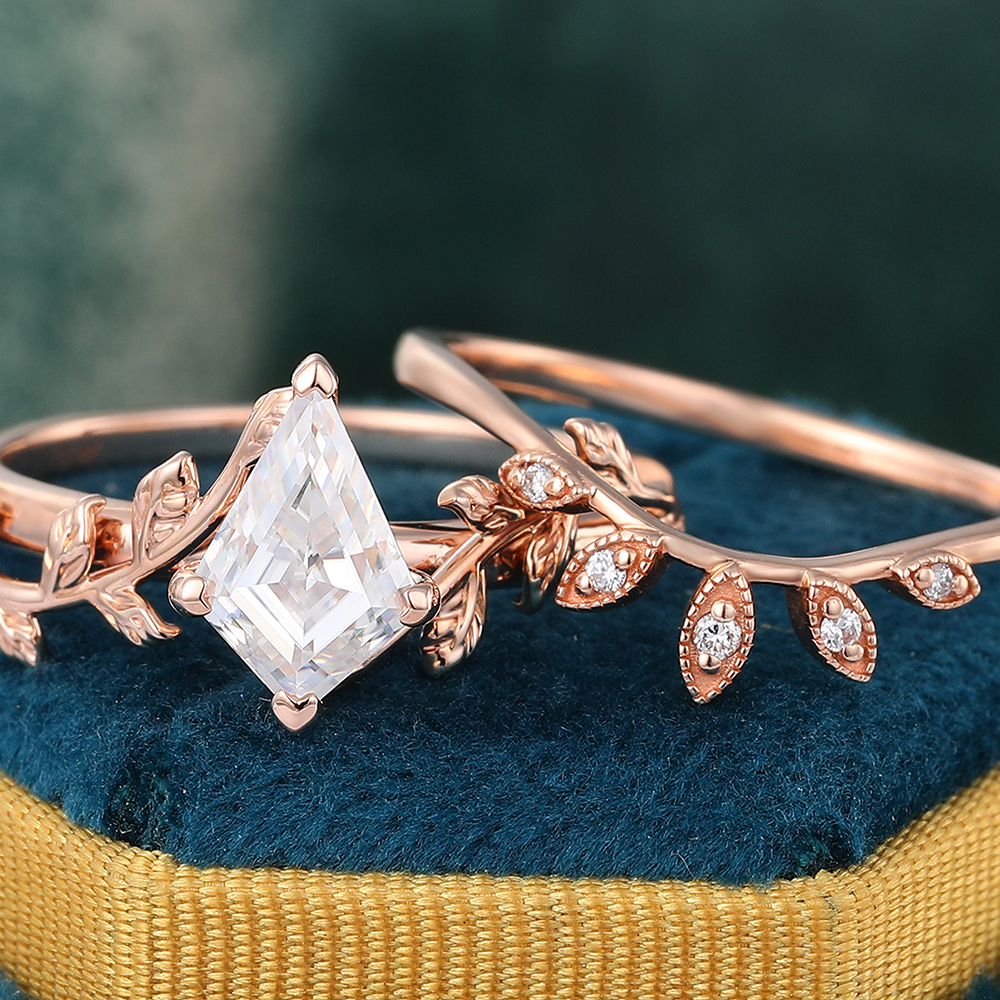Juyoyo Vintage Moissanite Bridal Ring Set Rose Gold Nature Inspired Engagement Ring Set - 2pcs