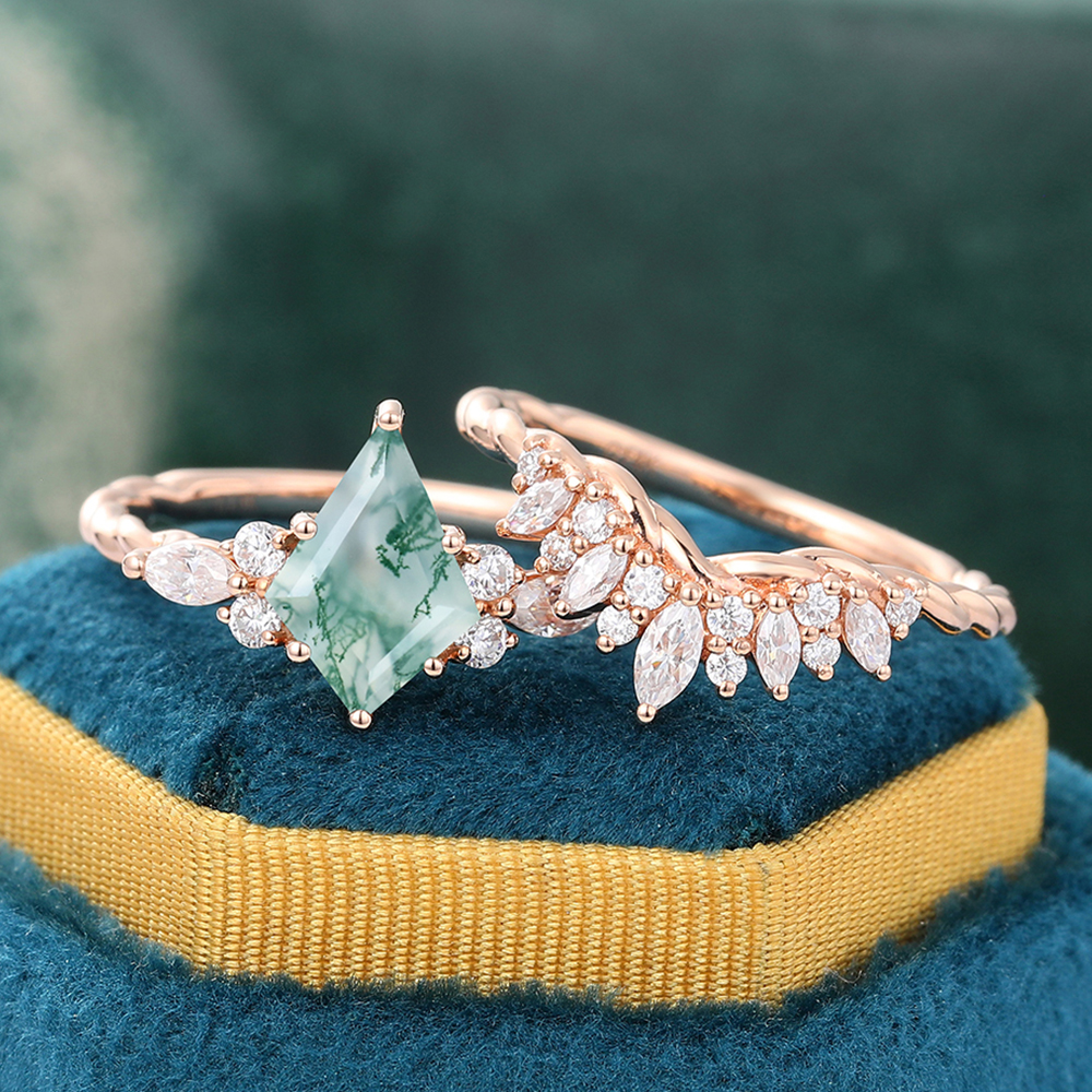 2 Piece Kite Cut Moss Agate & Moissanite Bridal Twisted Ring Set