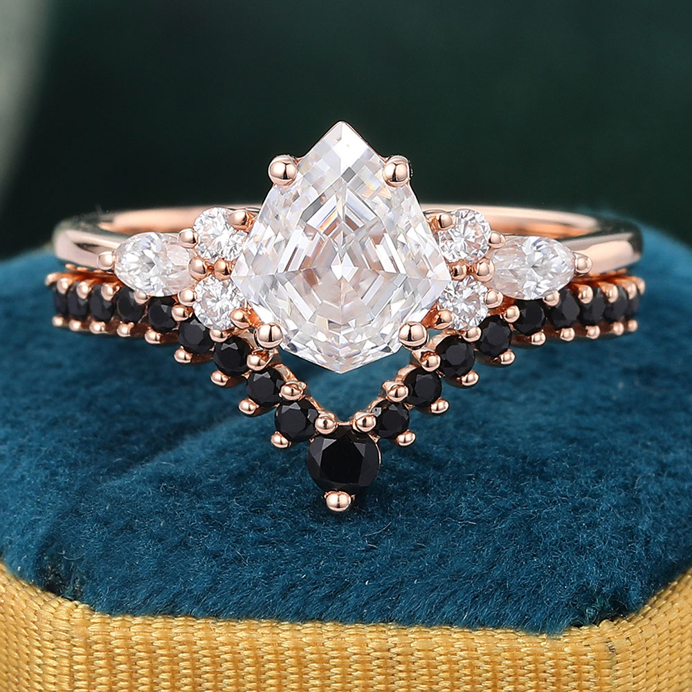 Juyoyo Unique Shield Shaped Moissanite Engagement Ring Set with Curved Black Onyx Ring Set Rose Gold