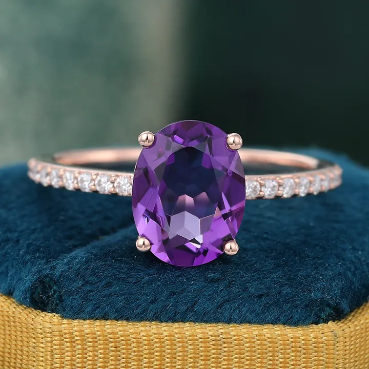 2ct Oval Cut Amethyst & Diamond Engagement Ring Pave Anniversary Promise Ring in 14K Rose Gold