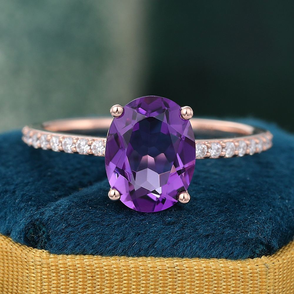 Amethyst Diamond Engagement Ring Pave Anniversary Promise Ring Rose Gold Juyoyo