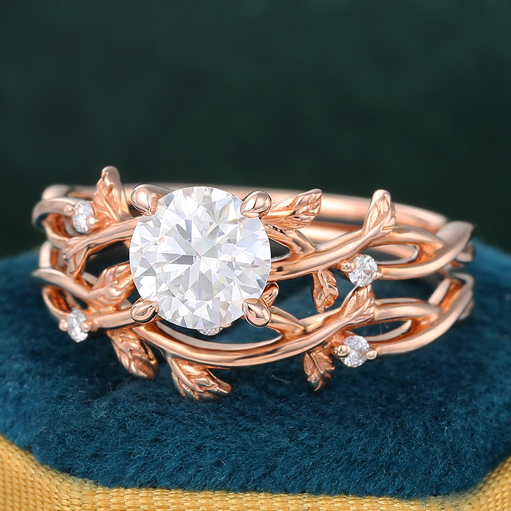 Juyoyo Nature Inspired Unique Round Cut Moissanite Leafy Bridal Ring Sets for Women - 2pcs