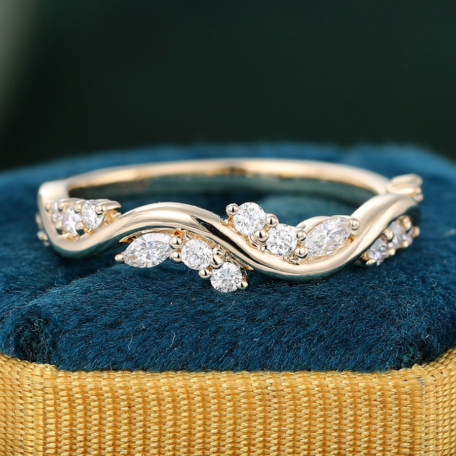 Unique Moissanite Wave Wedding Band Yellow Gold Matching Stacking Ring for Women