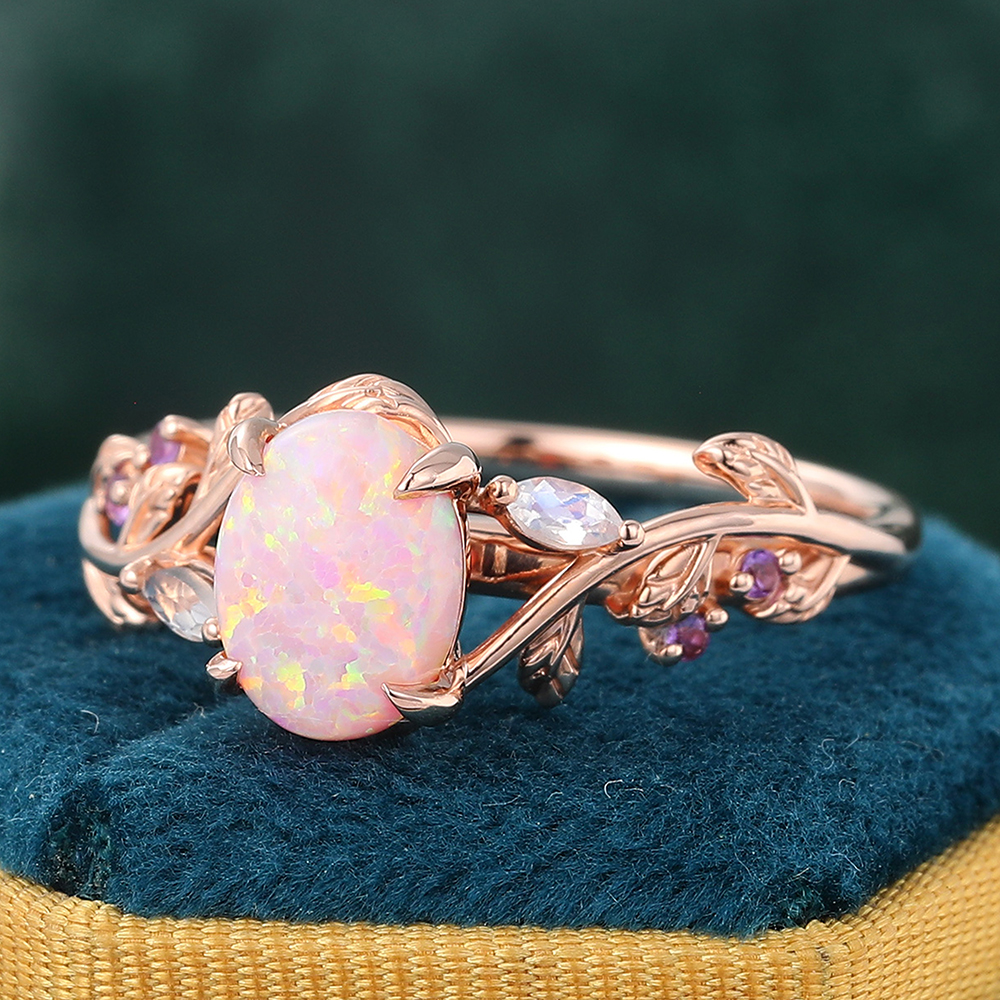 Juyoyo Nature-Inspired 6*8mm Oval Cut Lab Pink Opal Engagement Ring