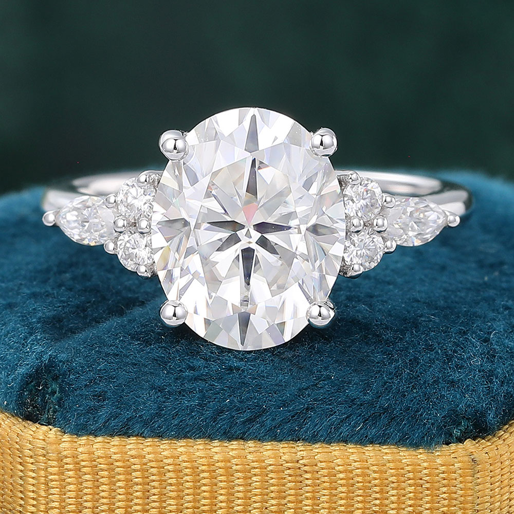 Juyoyo Oval Moissanite Engagement Ring Vintage Cluster Promise Wedding Ring in 14K White Gold