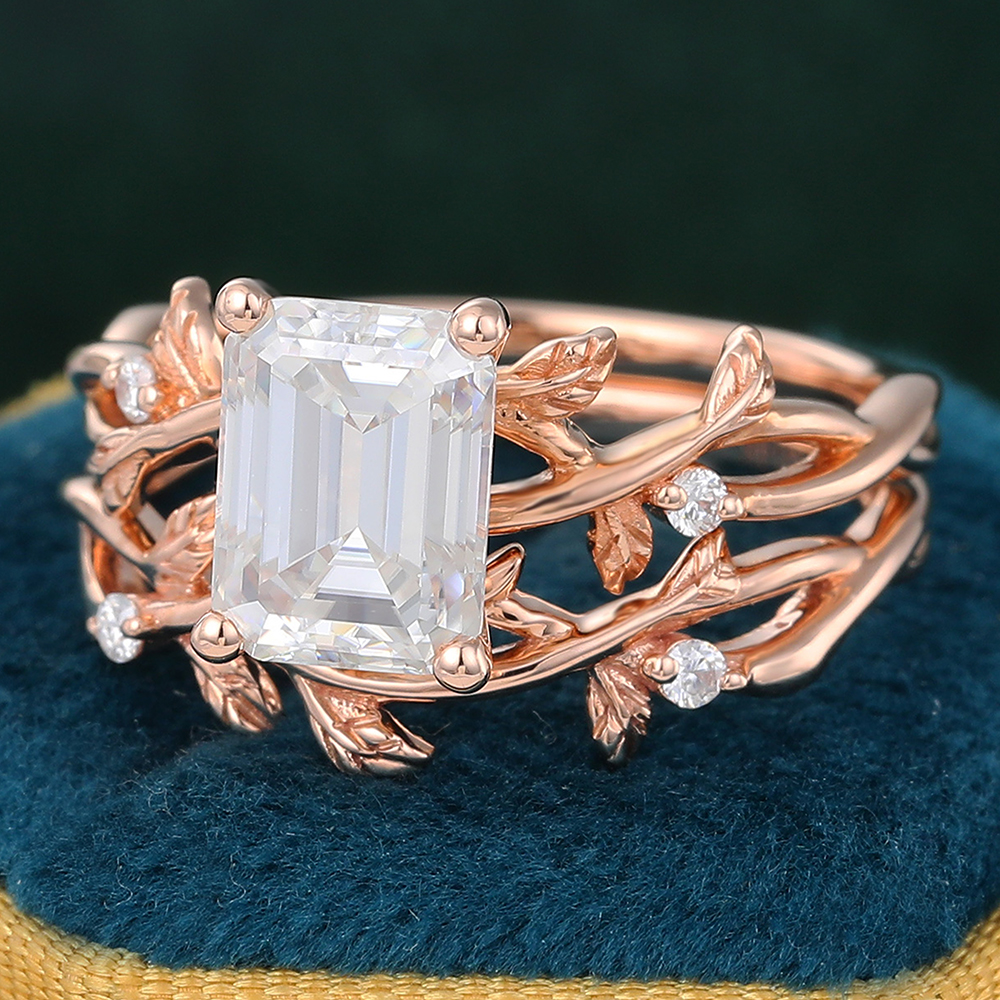 Juyoyo Emerald Cut Moissanite Engagement Ring Set Rose Gold Twig Nature Inspired Ring Set - 2pcs