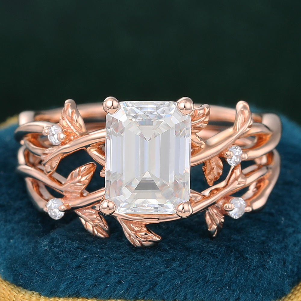 Juyoyo Emerald Cut Moissanite Engagement Ring Set Rose Gold Twig Nature Inspired Ring Set - 2pcs