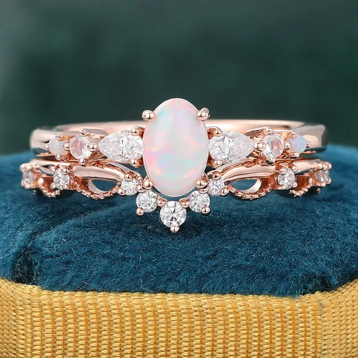 Vintage Opal and Diamond Bridal Ring Set - 2pcs