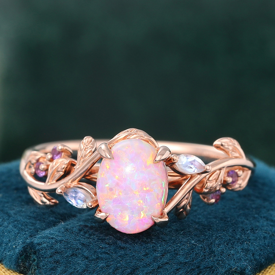 Nature-Inspired 6*8mm Oval Cut Lab Pink Opal Engagement Ring