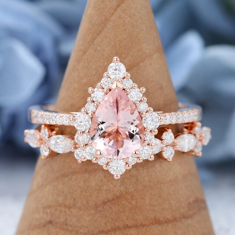 Pear Shaped Morganite Engagement Ring Set Rose Gold Bridal Anniversary Ring