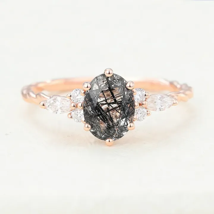 Oval Black Rutilated Quartz Ring in Rose Gold