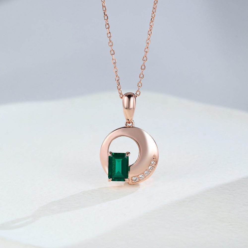 Rose Gold Emerald Cut Emerald Necklace