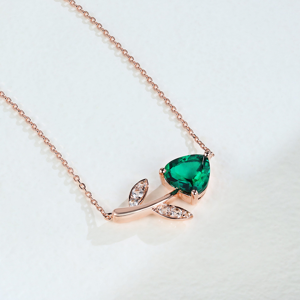 Rose Gold Heart Emerald Pendant Necklace White Sapphire Necklace