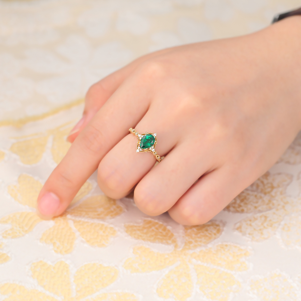 Filigree Halo Pear Shaped Emerald Engagement Ring Vintage Beaded Design