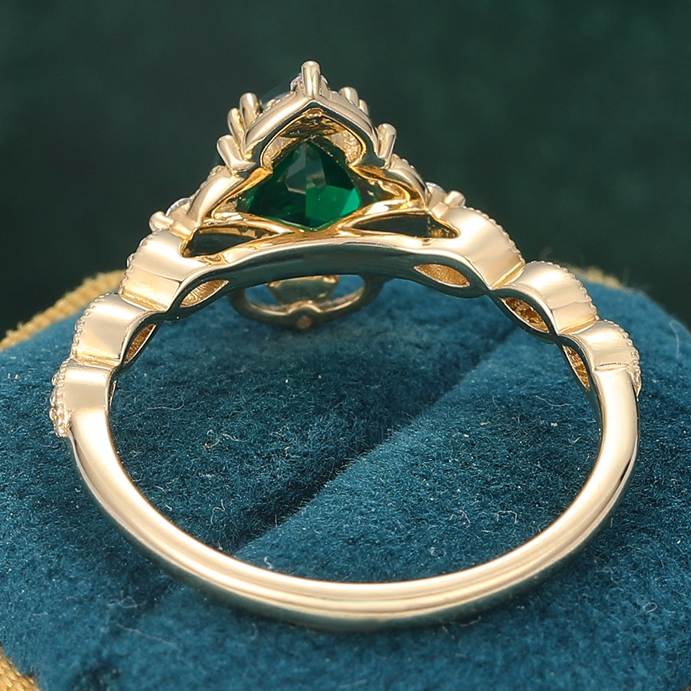 Filigree Halo Pear Shaped Emerald Engagement Ring Vintage Beaded Design