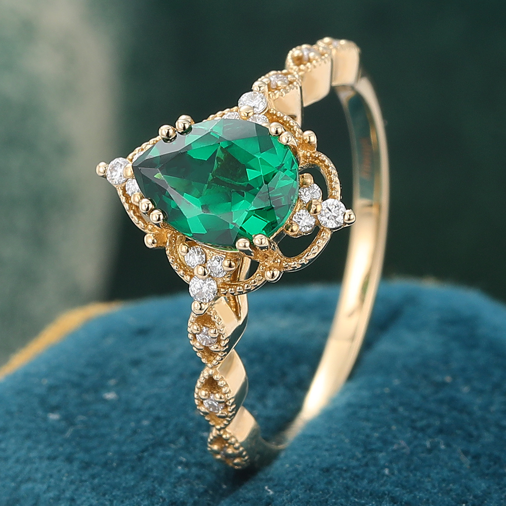 Filigree Halo Pear Shaped Emerald Engagement Ring Vintage Beaded Design