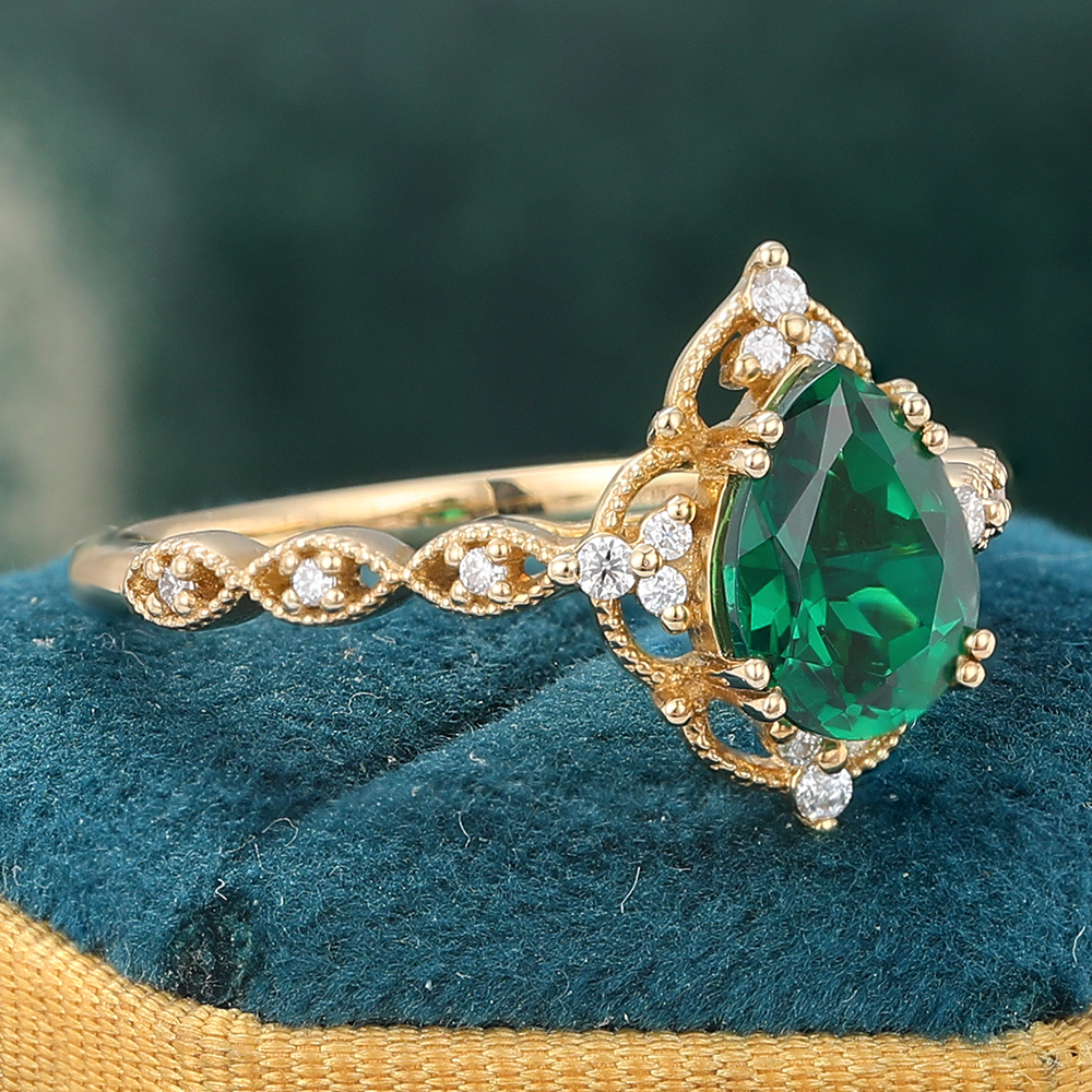 Filigree Halo Pear Shaped Emerald Engagement Ring Vintage Beaded Design