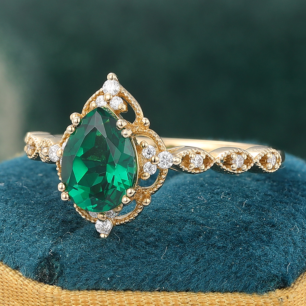 Filigree Halo Pear Shaped Emerald Engagement Ring Vintage Beaded Design