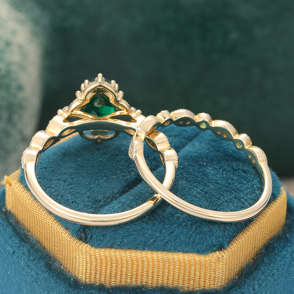 Filigree Halo Pear Shaped Emerald Wedding Ring Set Vintage Beaded Engagement Ring Set