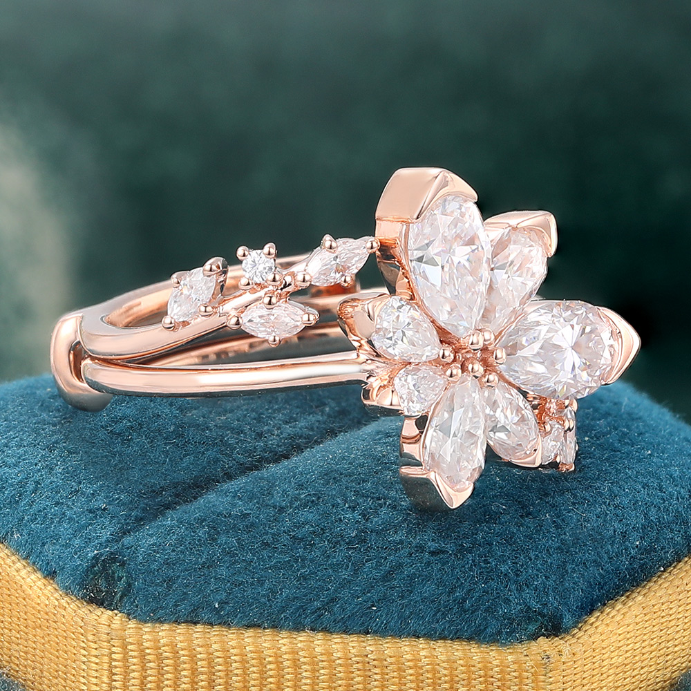 Nature Inspired Floral Cluster Moissanite Bridal Ring Set Engagement Ring Set in Rose Gold - 2pcs