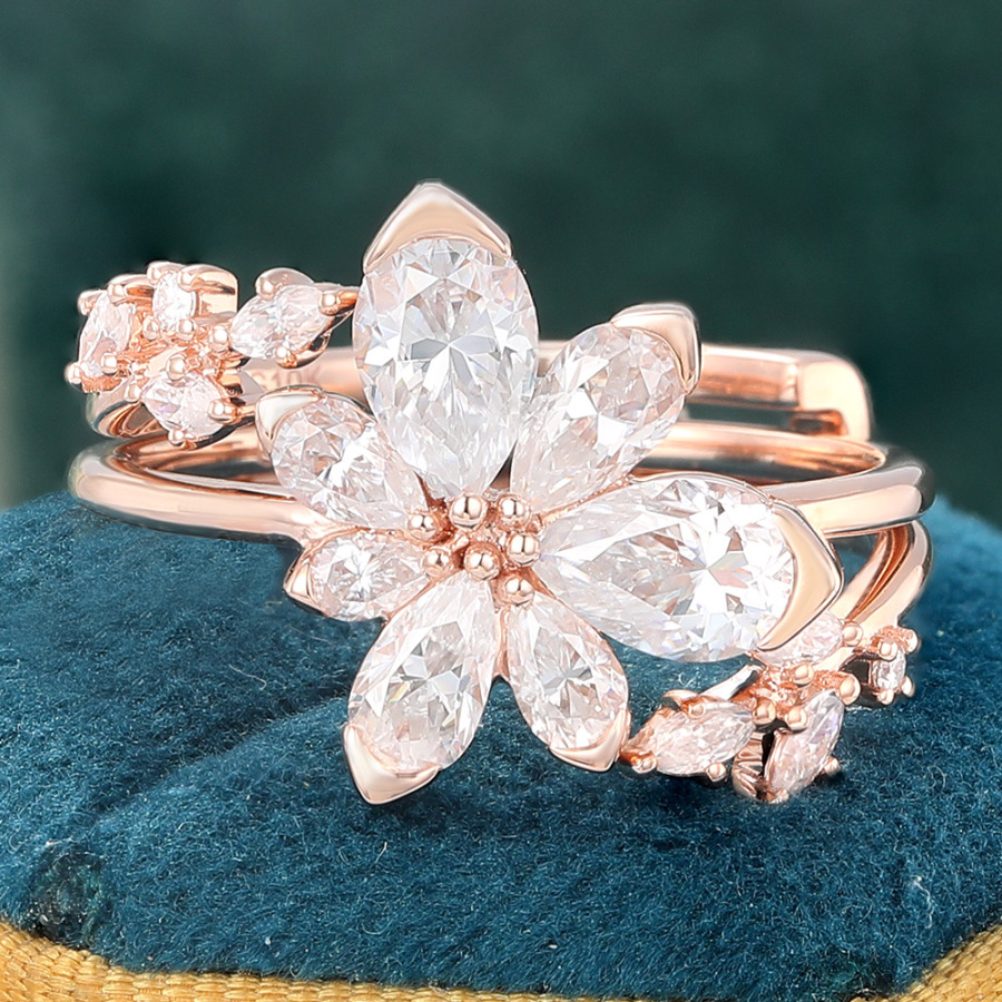 Nature Inspired Floral Cluster Moissanite Bridal Ring Set Engagement Ring Set in Rose Gold - 2pcs