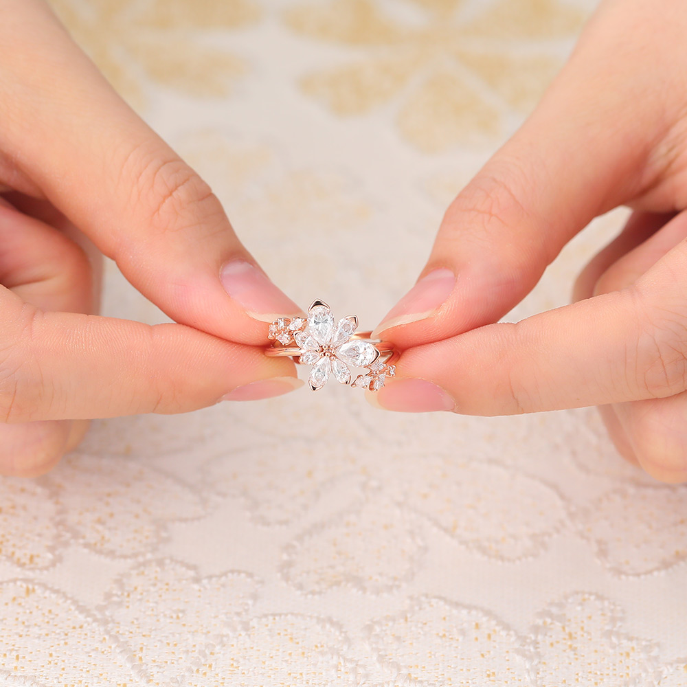 Nature Inspired Floral Cluster Moissanite Bridal Ring Set Engagement Ring Set in Rose Gold - 2pcs
