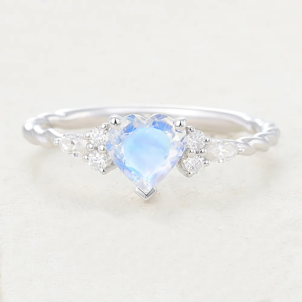 Heart Cut Rainbow Moonstone White Gold Twisted Engagement Ring