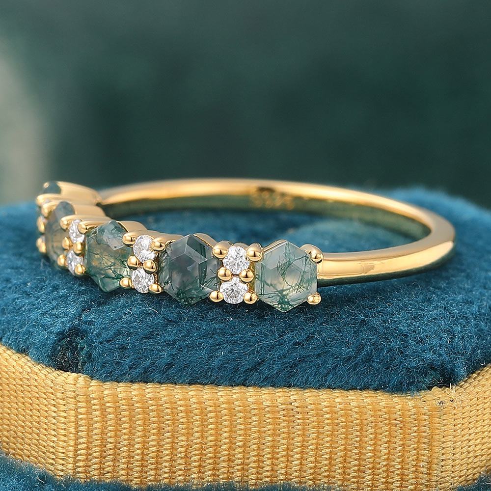Hexagon Moss Agate & Petite Diamond Wedding Band Vintage Stacking Ring