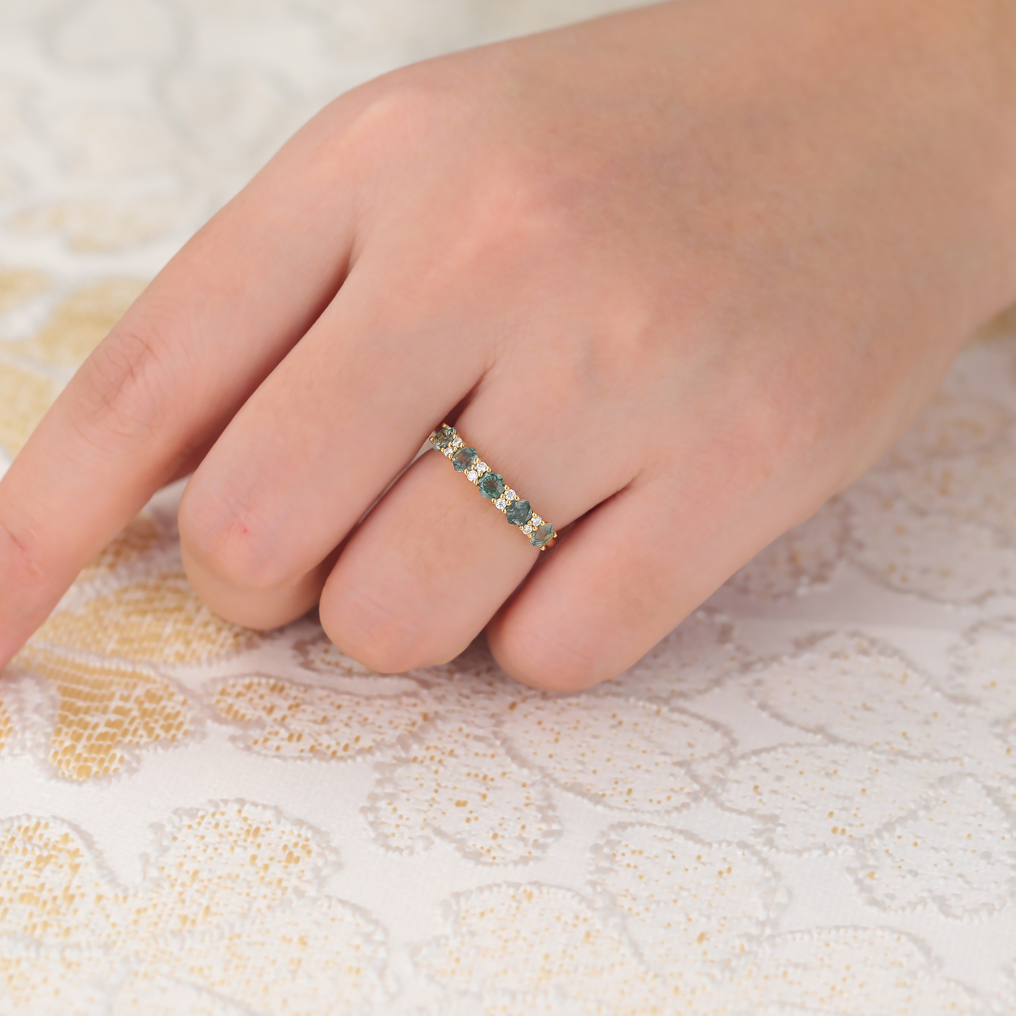 Hexagon Moss Agate & Petite Diamond Wedding Band Vintage Stacking Ring