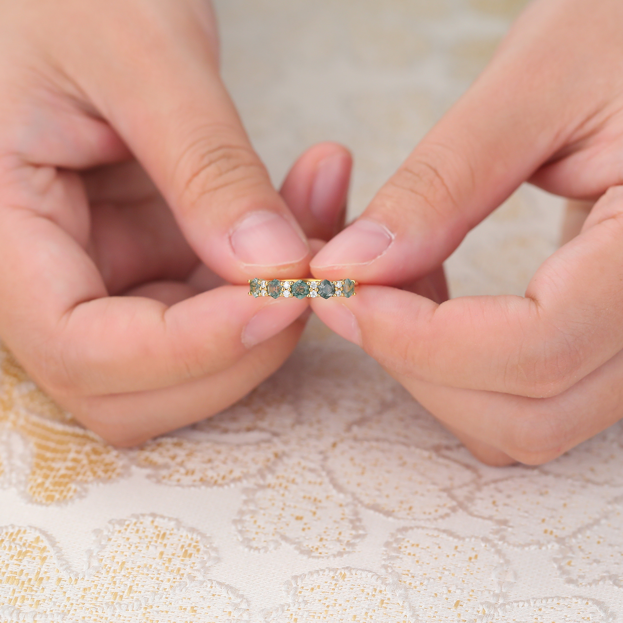 Hexagon Moss Agate & Petite Diamond Wedding Band Vintage Stacking Ring