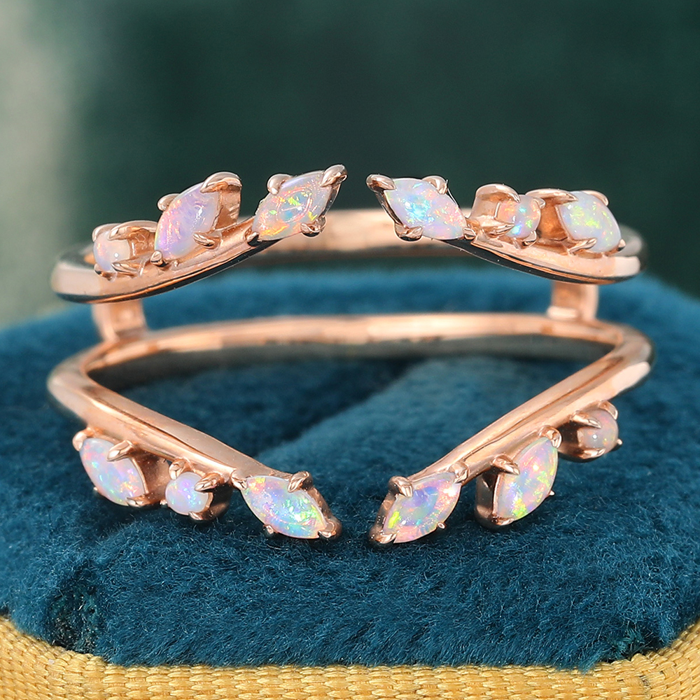 Opal Double Curved Wedding Band Enhancer Vintage Leaf Nature Inspired Wedding Ring Rose Gold