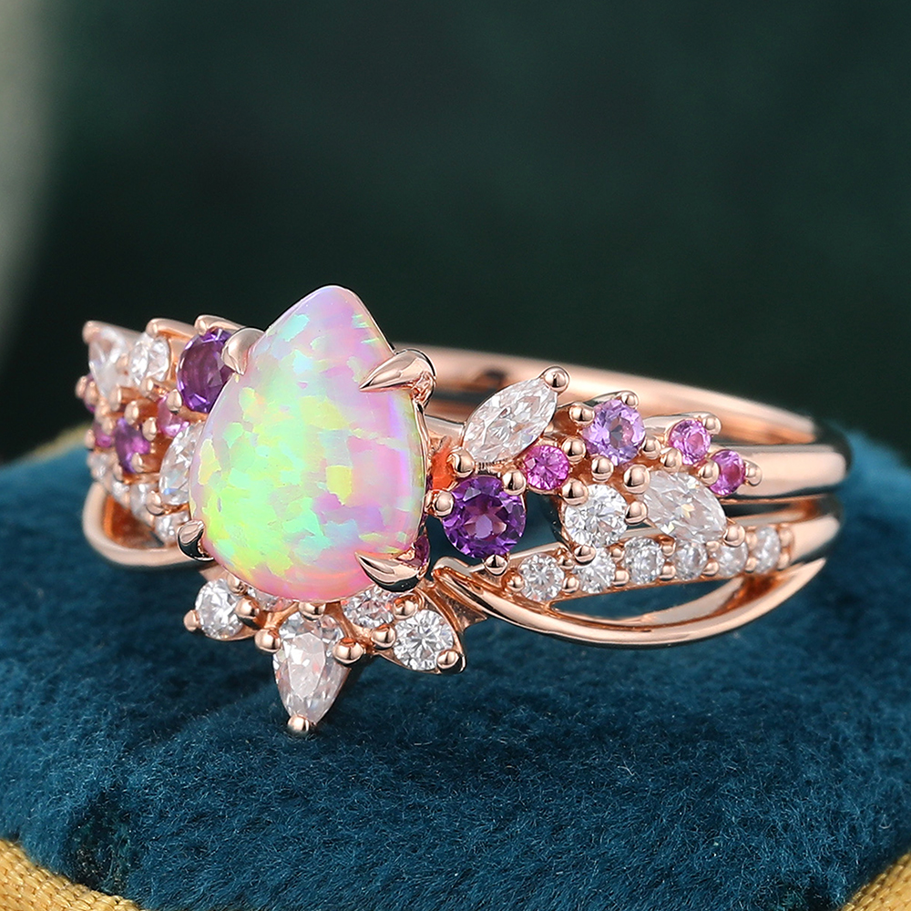 Juyoyo Pear Shaped Pink Opal Bridal Ring Set Vintage Rose Gold Anniversary Promise Ring Set Women