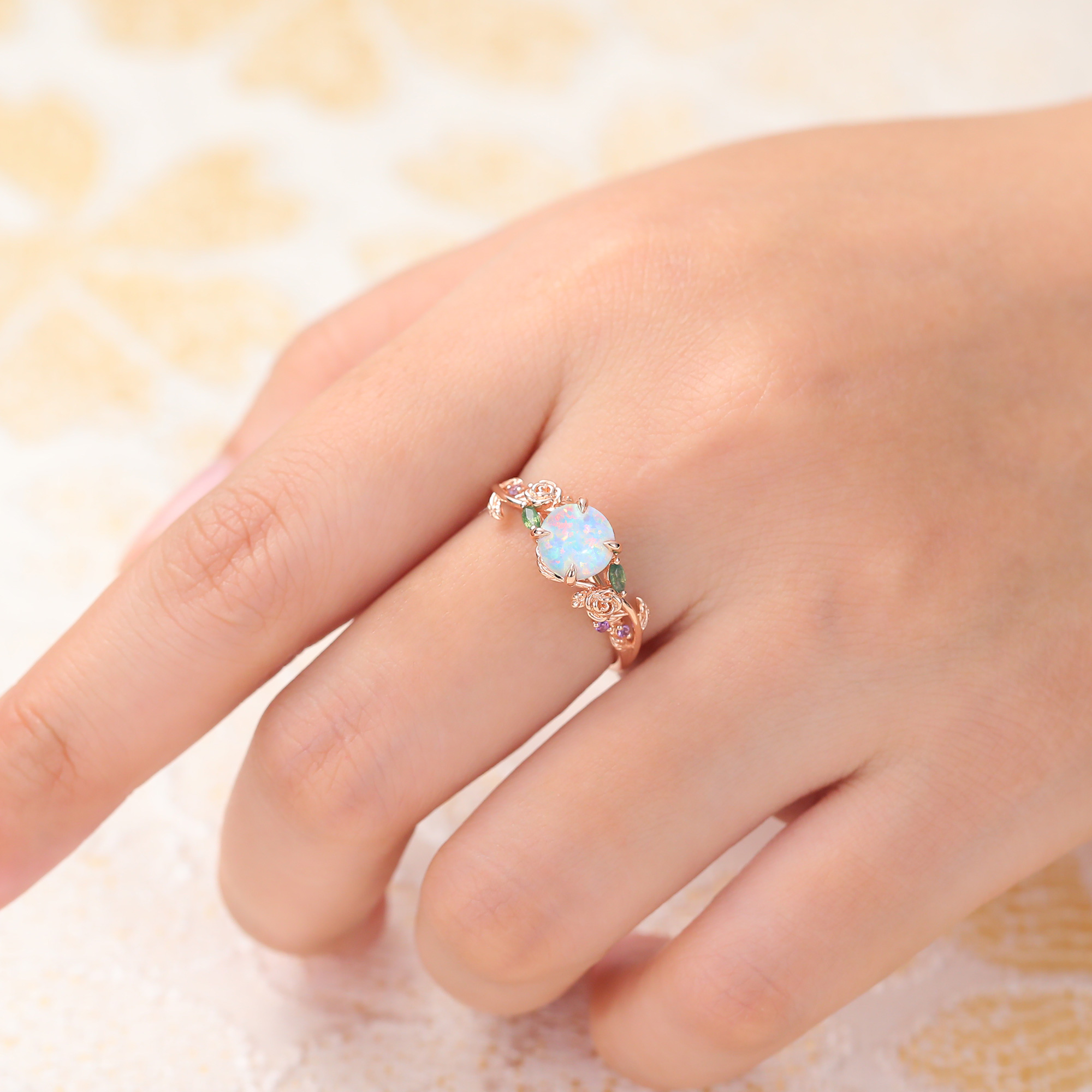 Juyoyo 14K Rose Gold Round Opal Engagement Ring Rose Leaf Nature Inspired Wedding Ring