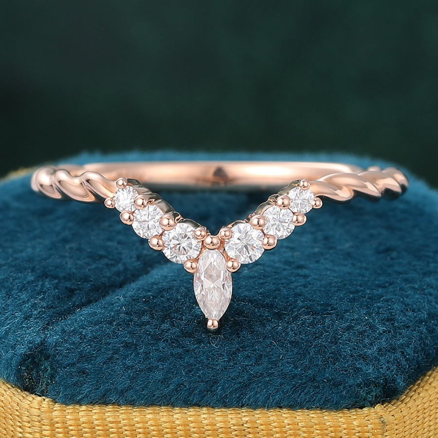 Marquise & Round Cut Moissanite Rose Gold Twisted Curved Wedding Band