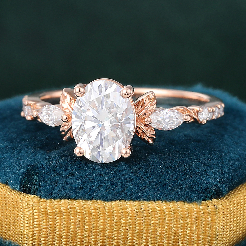 Juyoyo Oval Cut Moissanite Nature Inspired Engagement Ring Leaf Botanic Diamond Pave Bridal Ring
