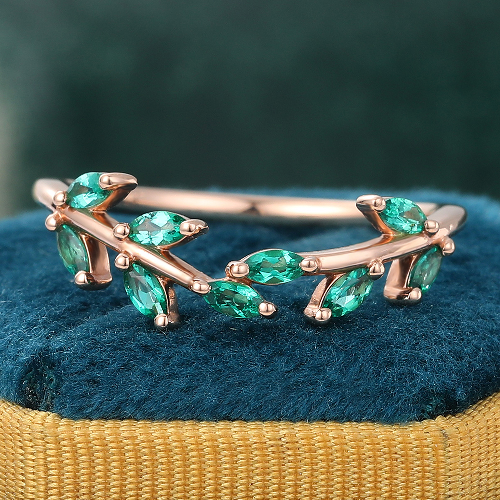Juyoyo Marquise Cut Emerald Curved Wedding Band Leaf Nature Inspired Stacking Ring Rose Gold