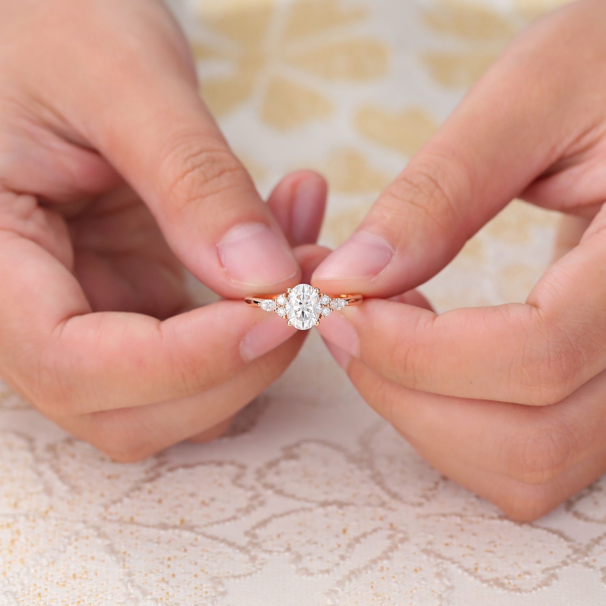 6x8mm Oval Moissanite Engagement Ring with Diamond Accents in Rose Gold