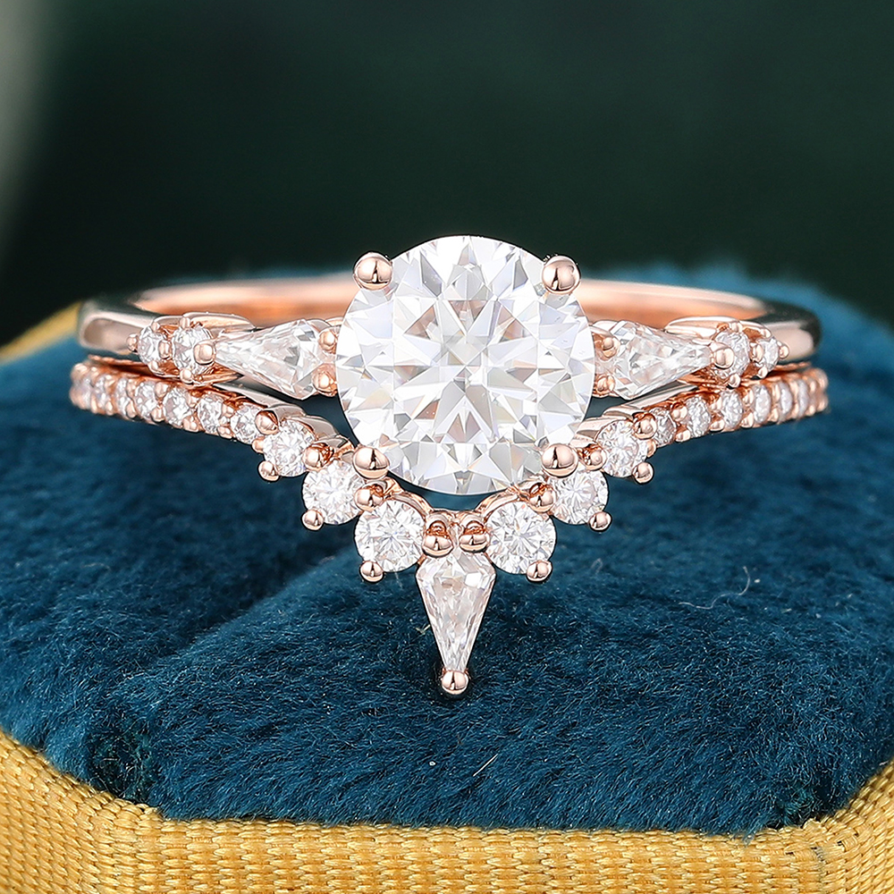 Juyoyo Vintage Moissanite Bridal Ring Set 14K Rose Gold Pave Diamond Ring Set for Women - 2pcs