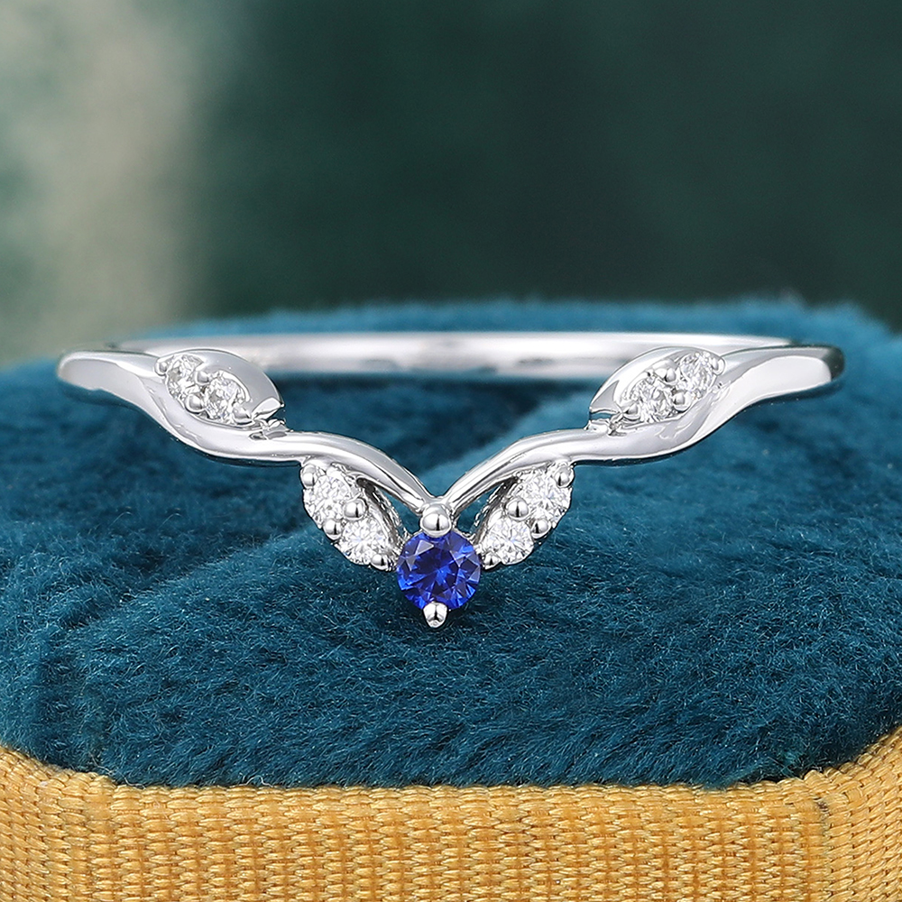 Juyoyo Unique Sapphire Curved Wedding Band White Gold Moissanite Stacking Ring Anniversary Promise