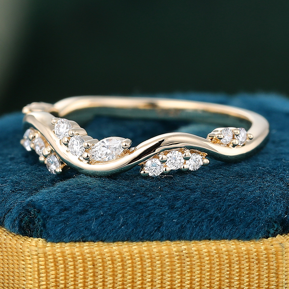 Juyoyo Unique Moissanite Wave Wedding Band Yellow Gold Matching Stacking Ring for Women