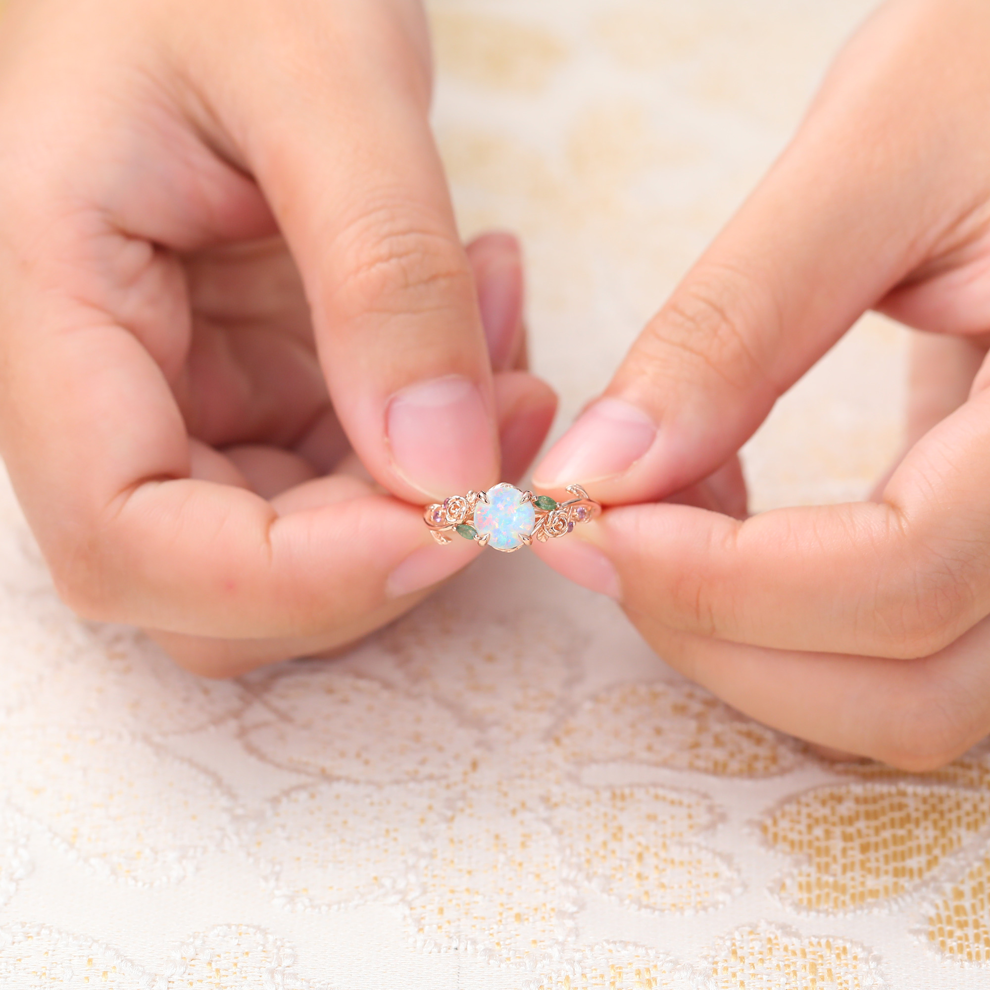 Juyoyo 14K Rose Gold Round Opal Engagement Ring Rose Leaf Nature Inspired Wedding Ring