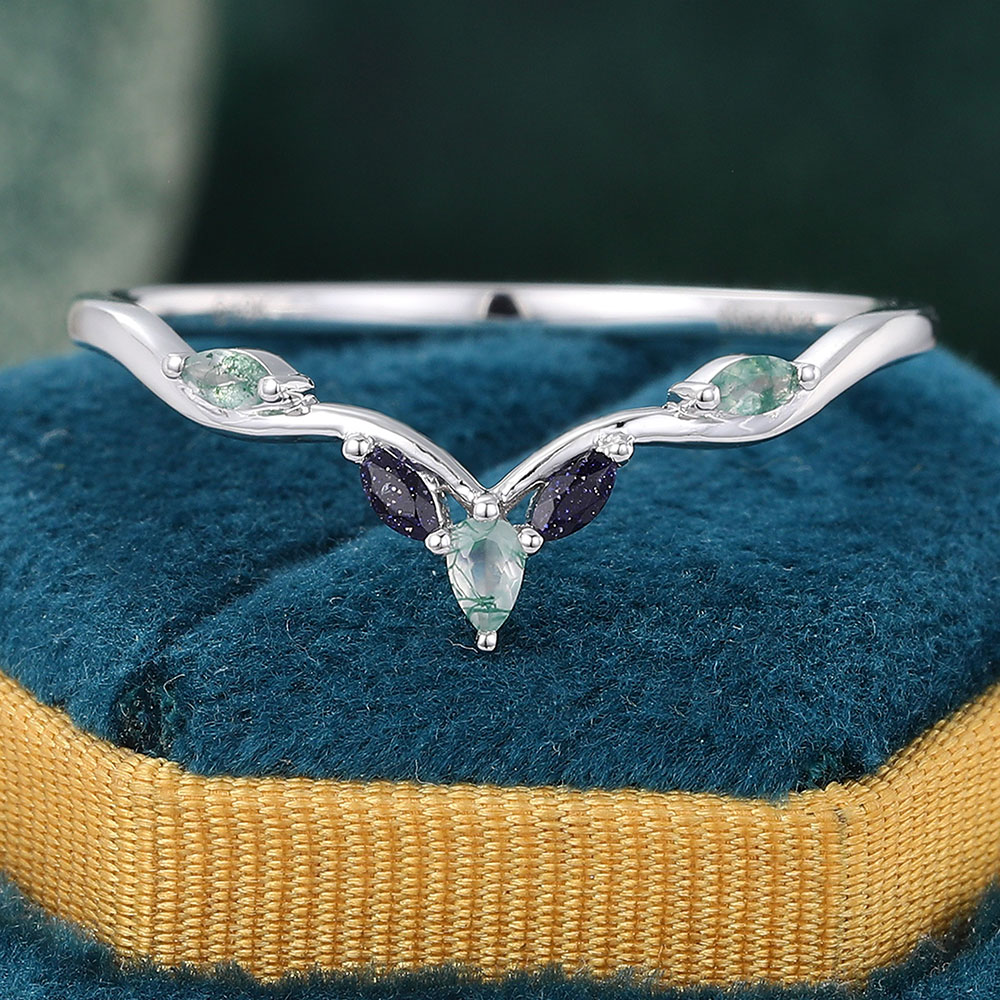 Juyoyo Nifty Moss Agate & Blue Sandstone Curved Wedding Band 