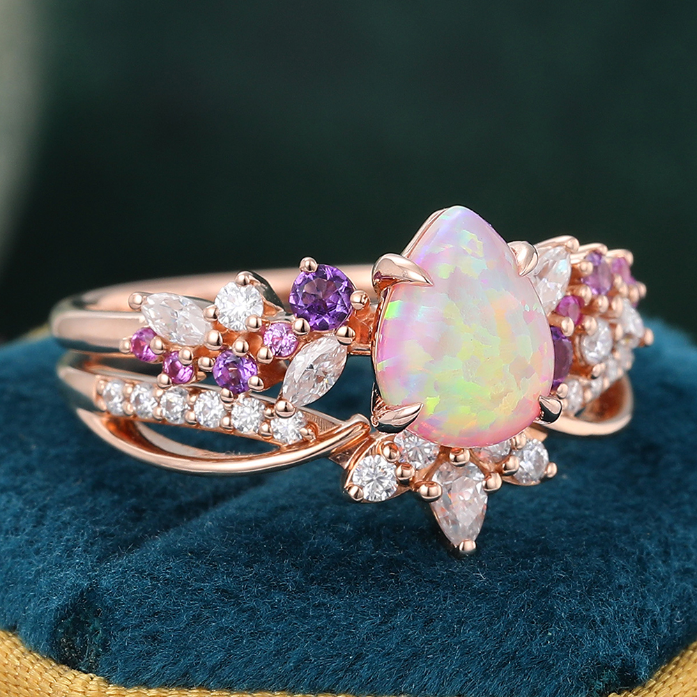 Juyoyo Pear Shaped Pink Opal Bridal Ring Set Vintage Rose Gold Anniversary Promise Ring Set Women