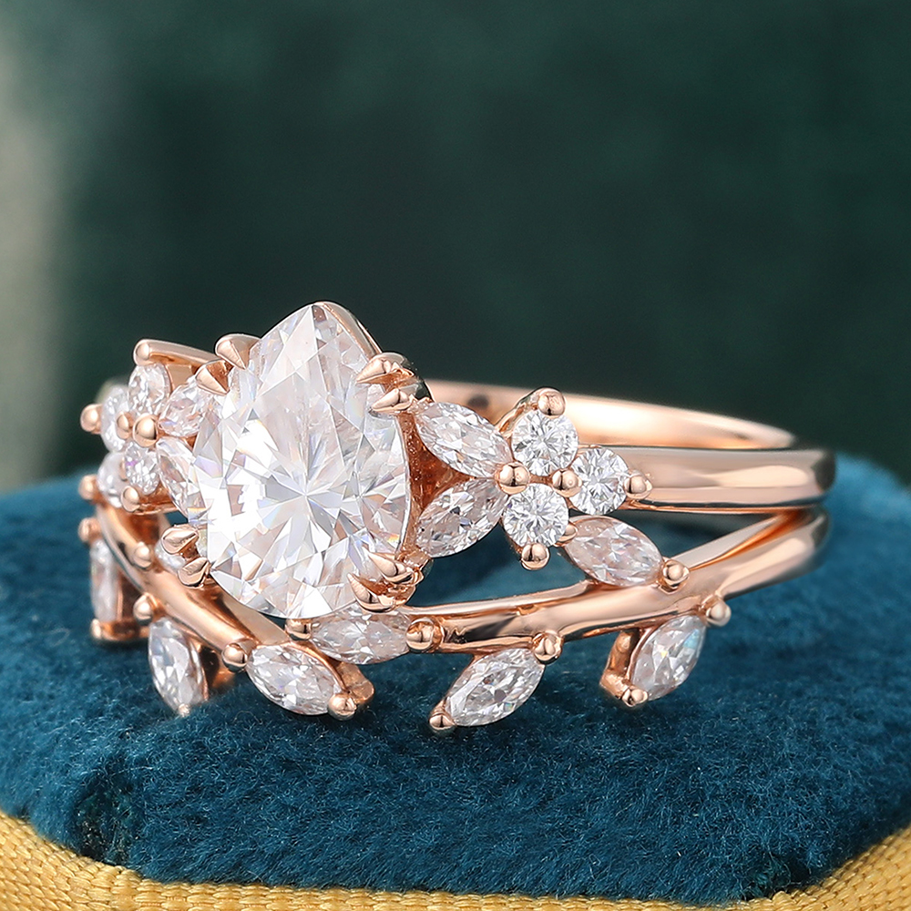 Juyoyo Pear Shaped Moissanite Bridal Ring Set Leaf Nature Inspired Engagement Ring Set Rose Gold
