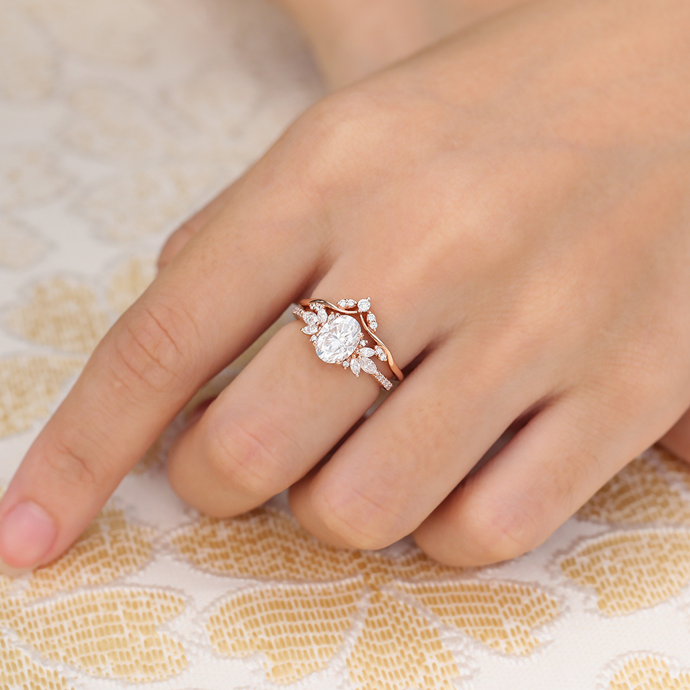 Juyoyo Oval Moissanite Engagement Ring Set Rose Gold Vintage Diamond Bridal Ring Set Women - 2pcs