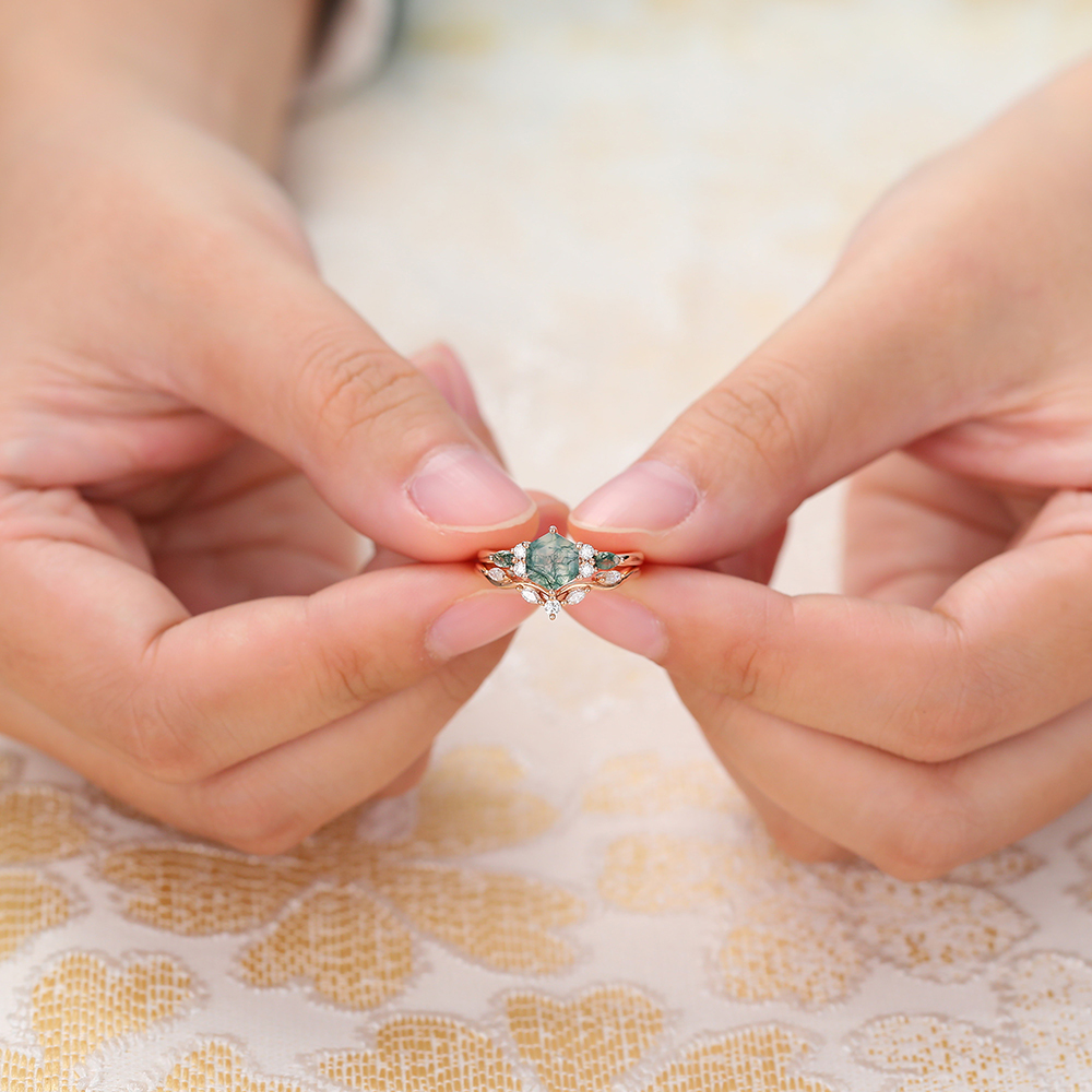 Juyoyo Hexagon Cut Moss Agate Ring with Matching Curved Wedding Band - 2PCS Bridal Ring Set