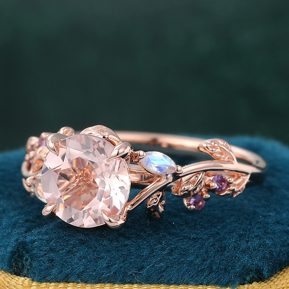 Juyoyo 14K Rose Gold Round Pink Morganite Ring Nature Inspired Engagement Ring