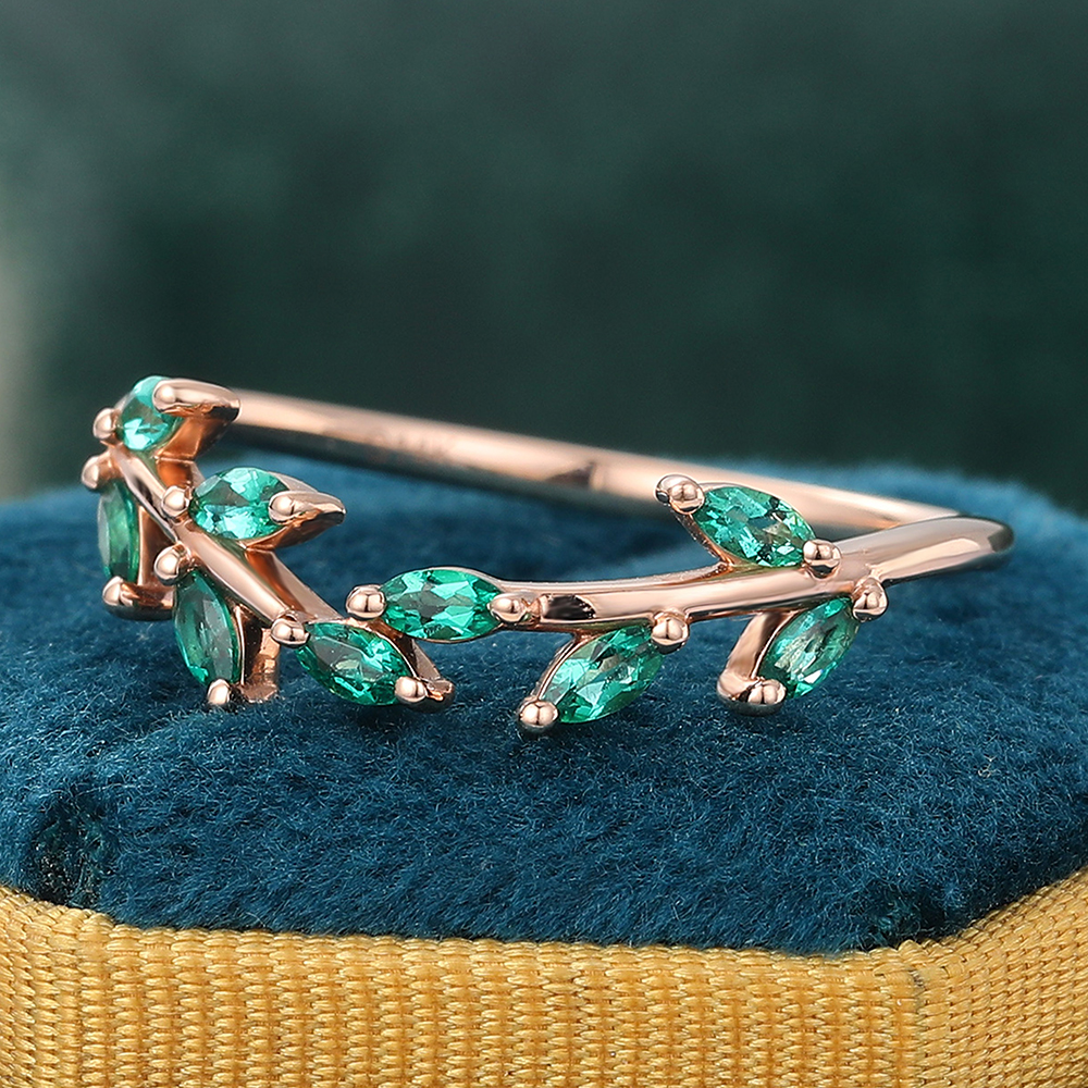 Juyoyo Marquise Cut Emerald Curved Wedding Band Leaf Nature Inspired Stacking Ring Rose Gold