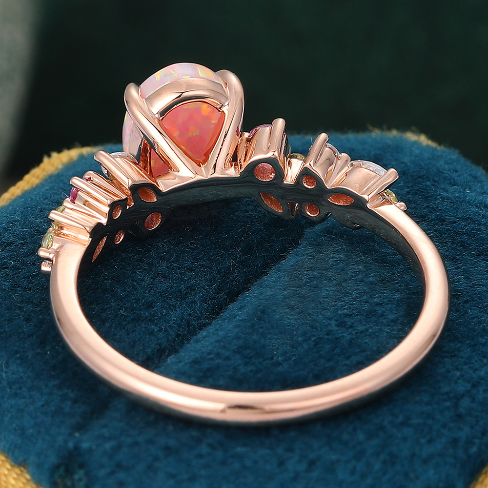 Pink Opal Wedding Ring Vintage Bridal Ring in 14K Rose Gold
