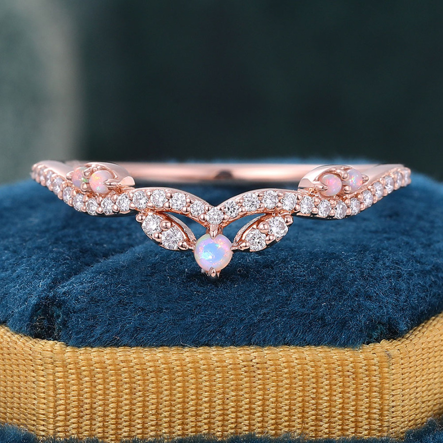 Round Cut Opal & Moissanite Wedding Band Stackable Curved Wedding Band for Women